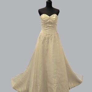 Emerald Bridal Ivory Satin Wedding Dress Beaded Strapless Chapel Train Size 6